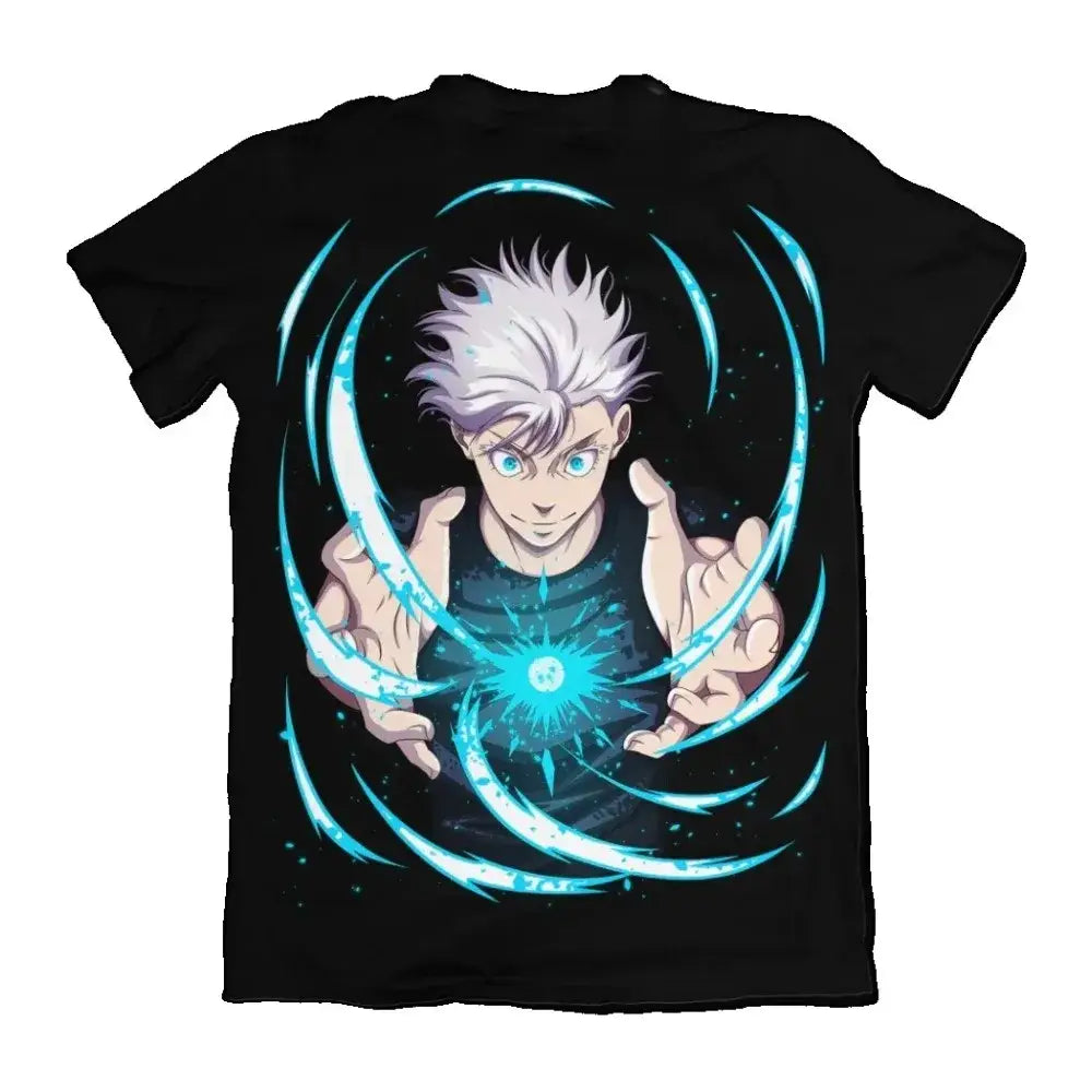Black short-sleeved pure cotton t-shirt featuring vibrant blue and white gojo satoru anime design from jujutsu kaisen gojo