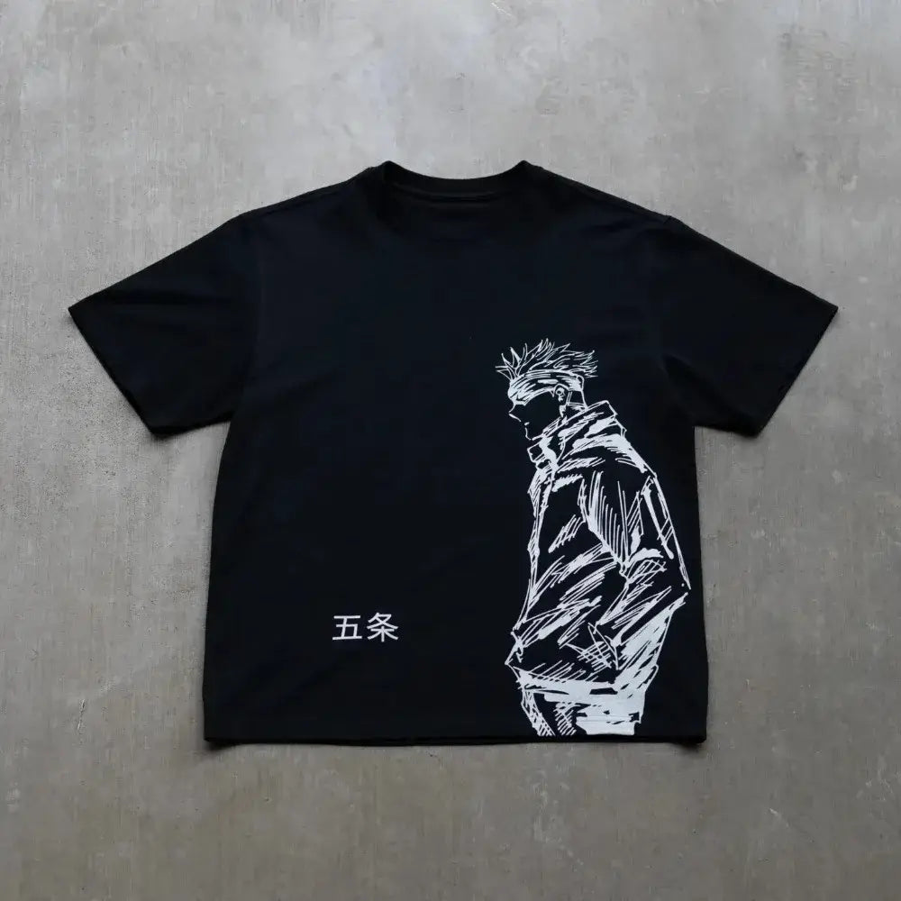 Black pure cotton t-shirt featuring jujutsu kaisen gojo satoru line-art with japanese characters gojo printed below