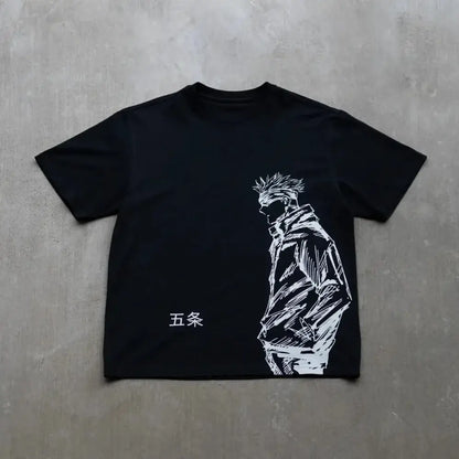 Black pure cotton t-shirt featuring jujutsu kaisen gojo satoru line-art with japanese characters gojo printed below