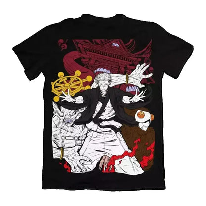 Black short-sleeved pure cotton t-shirt featuring a detailed jujutsu kaisen gojo satoru graphic with red and gold accents