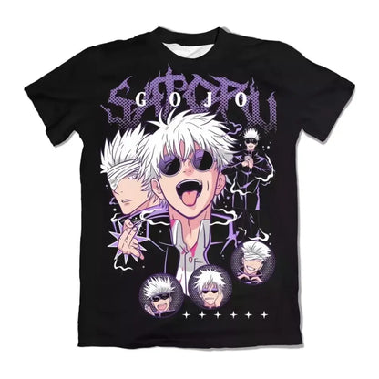 Black short-sleeved pure cotton t-shirt featuring vibrant purple and white gojo satoru graphic from jujutsu kaisen gojo