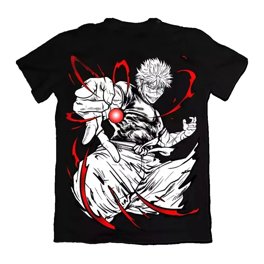 Black short-sleeved pure cotton jujutsu kaisen gojo satoru t-shirt with bold anime graphic of gojo holding red orb