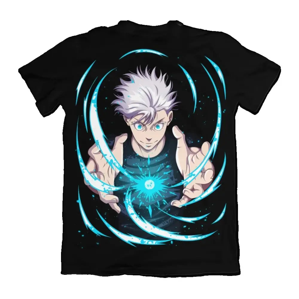 Black pure cotton t-shirt featuring jujutsu kaisen gojo satoru with vibrant blue and white anime graphic