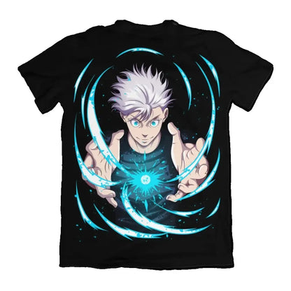 Black pure cotton t-shirt featuring jujutsu kaisen gojo satoru with vibrant blue and white anime graphic