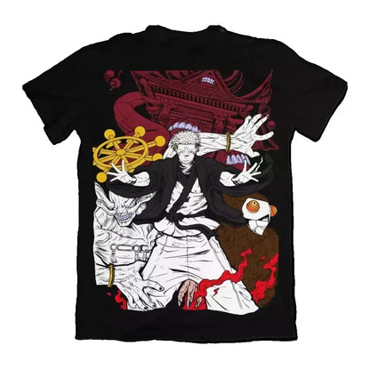 Black short-sleeved jujutsu kaisen gojo satoru t-shirt with detailed graphic print in pure cotton material