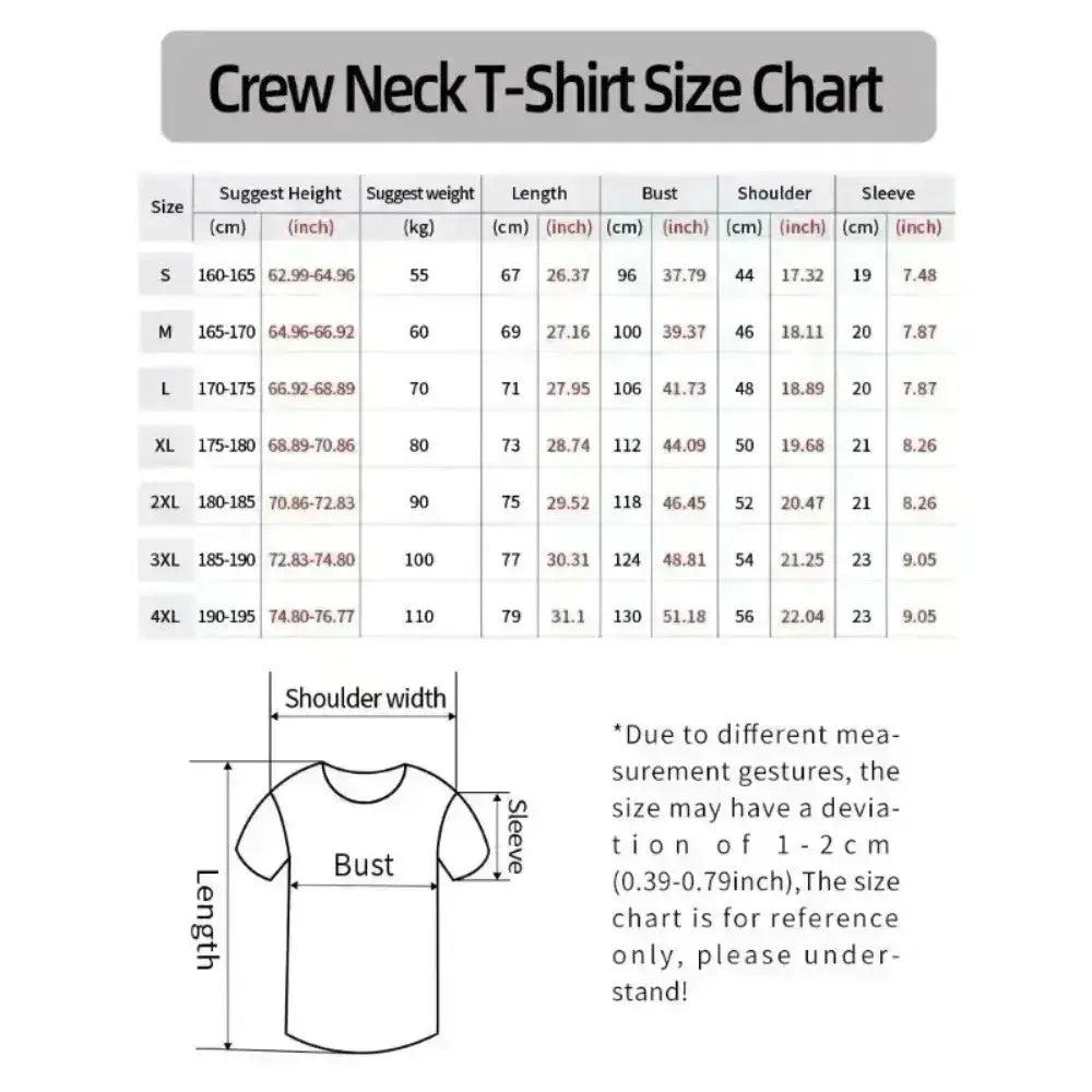 Crew neck pure cotton jujutsu kaisen gojo satoru t-shirt size chart in cm and inches for s to 4xl sizes