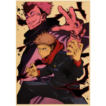 A dynamic jujutsu kaisen gojo satoru vintage kraft poster featuring two characters in action on vintage kraft paper wall art