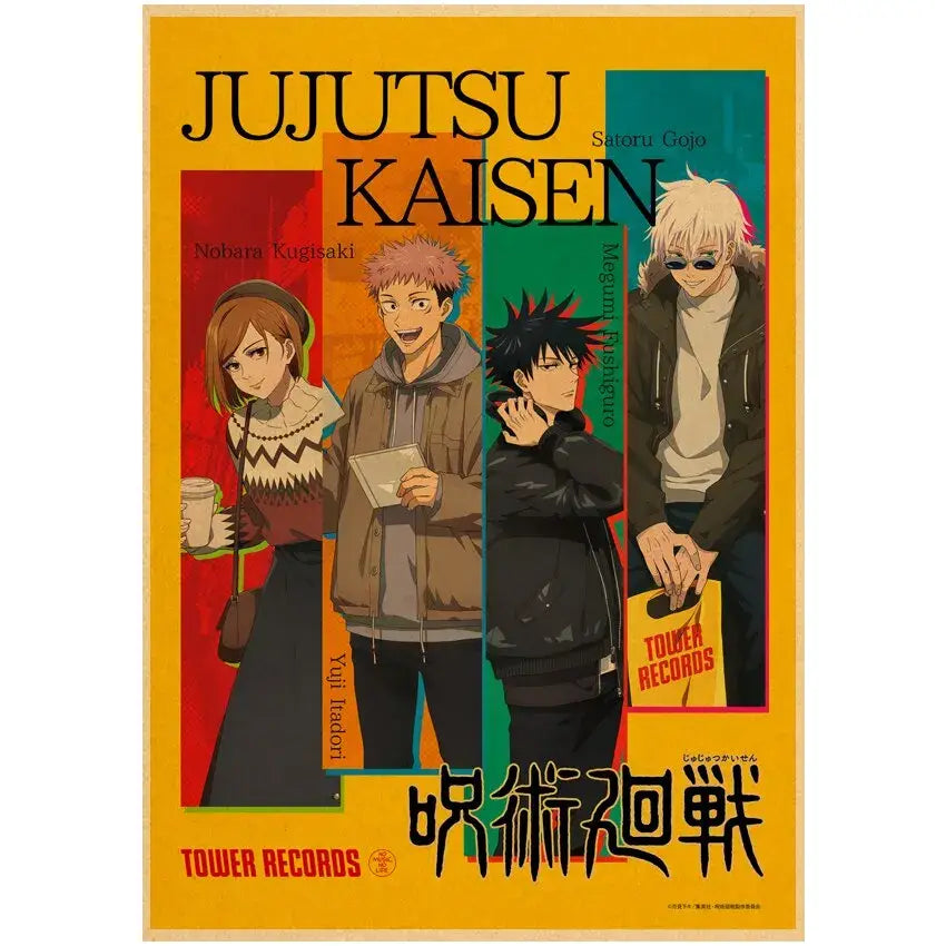 Vibrant yellow vintage kraft paper wall art poster featuring four jujutsu kaisen anime characters with tower records logo