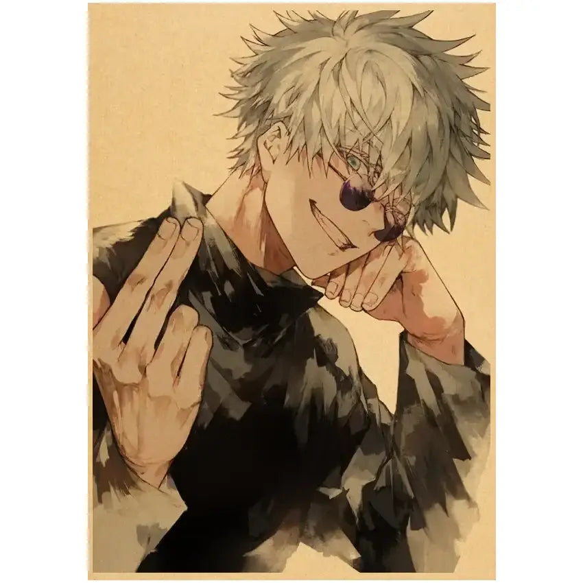 Anime-style illustration of gojo satoru with spiky silver hair and dark sunglasses on vintage kraft paper wall art poster