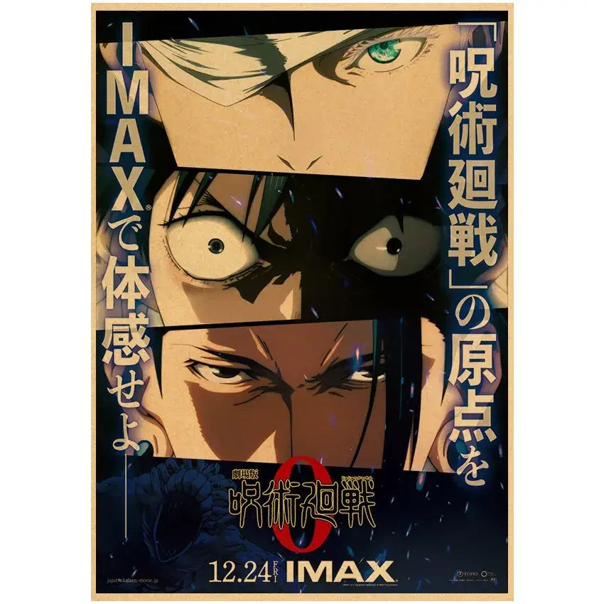 Stylized anime jujutsu kaisen gojo satoru vintage kraft paper poster wall art featuring three intense faces on dark background
