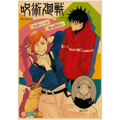 Vibrant jujutsu kaisen gojo satoru vintage kraft paper wall art poster with dynamic characters on colorful background