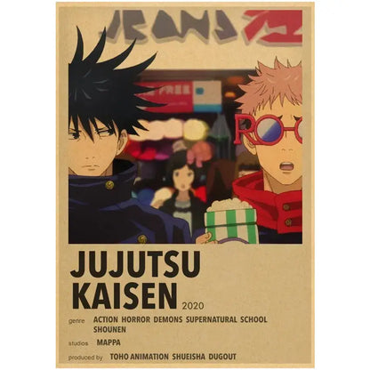 Vintage kraft paper wall art poster featuring jujutsu kaisen 2020 anime main characters in retro design