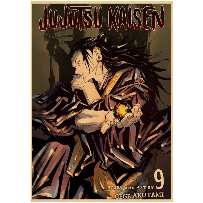 Cover of jujutsu kaisen manga volume 9 with character holding orange orb on vintage kraft paper wall art poster