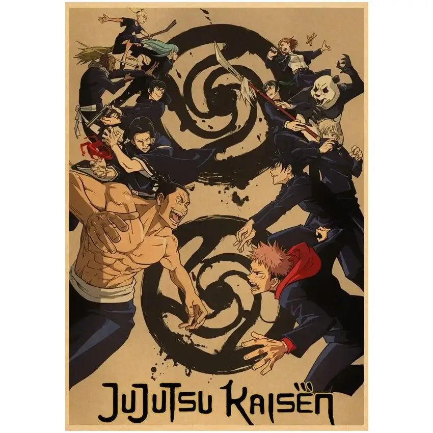 Vintage kraft paper wall art featuring jujutsu kaisen gojo satoru in dark uniforms with bold black ink swirls
