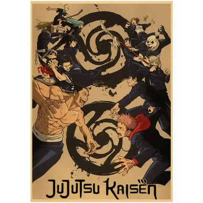 Vintage kraft paper wall art featuring jujutsu kaisen gojo satoru in dark uniforms with bold black ink swirls