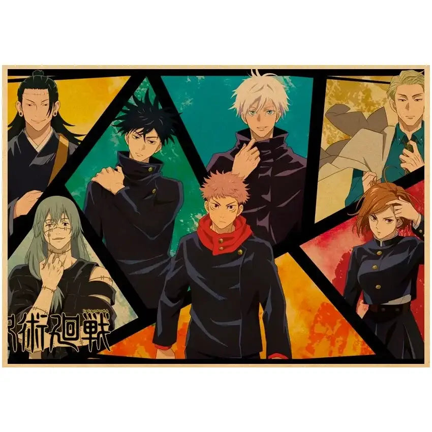 Vibrant jujutsu kaisen gojo satoru vintage kraft paper poster with dynamic anime characters and colorful geometric wall art
