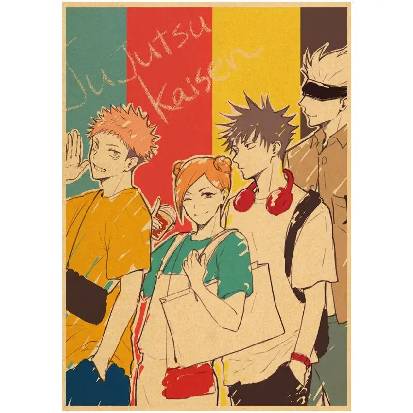 Vintage kraft paper wall art featuring jujutsu kaisen characters in bold color blocks and stylized illustration