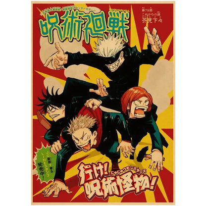 Vibrant red and yellow jujutsu kaisen gojo satoru wall art poster with bold green title on vintage kraft paper background