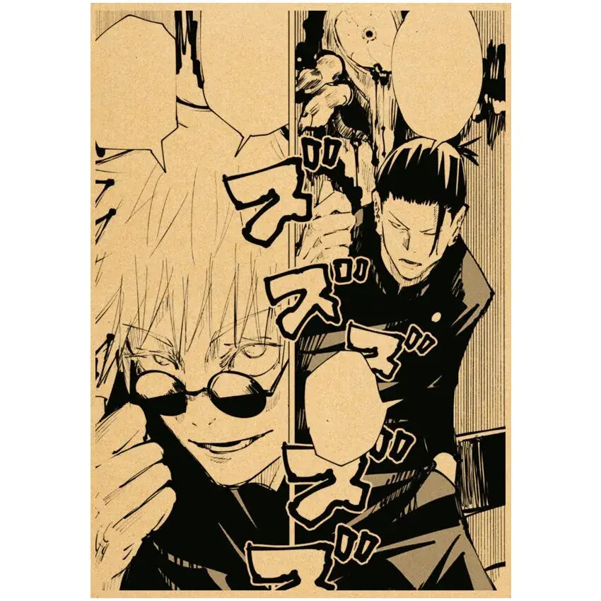 Black-and-white jujutsu kaisen gojo satoru manga panel on vintage kraft paper wall art poster with dynamic action poses
