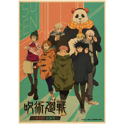 Vintage kraft paper jujutsu kaisen gojo satoru wall art poster featuring main characters in winter clothes and panda costume
