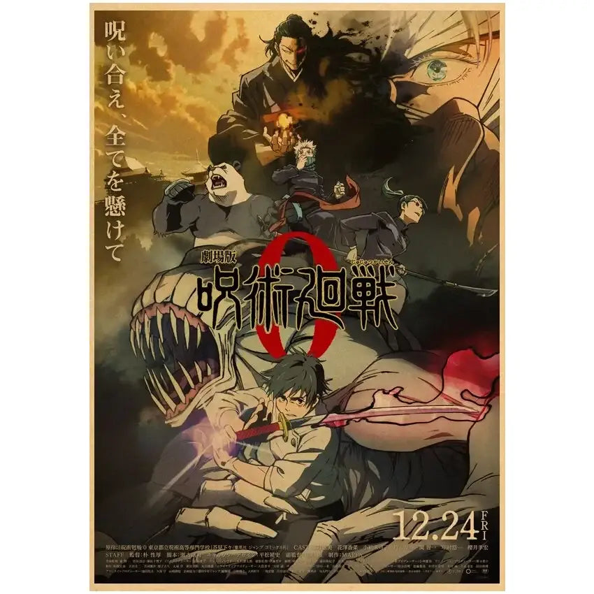 Jujutsu kaisen gojo satoru vintage kraft paper poster featuring dynamic anime wall art with fiery apocalyptic backdrop