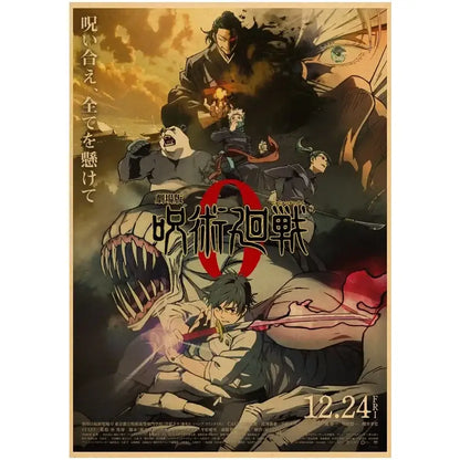 Jujutsu kaisen gojo satoru vintage kraft paper poster featuring dynamic anime wall art with fiery apocalyptic backdrop