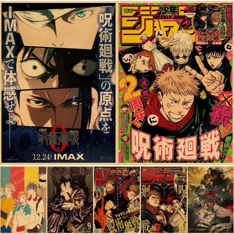 Vibrant jujutsu kaisen gojo satoru wall art poster printed on vintage kraft paper with bold colors and dynamic anime design