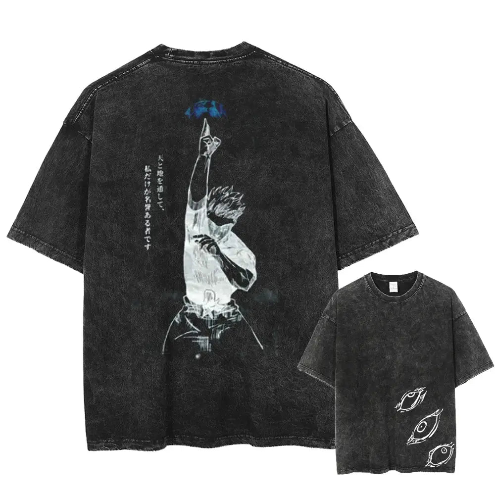 Black distressed washed cotton t-shirt featuring gojo satoru anime illustration on back and eyes design on front from jujutsu kaisen