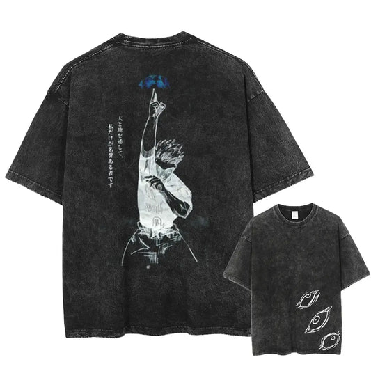Black distressed washed cotton t-shirt featuring gojo satoru anime illustration on back and eyes design on front from jujutsu kaisen