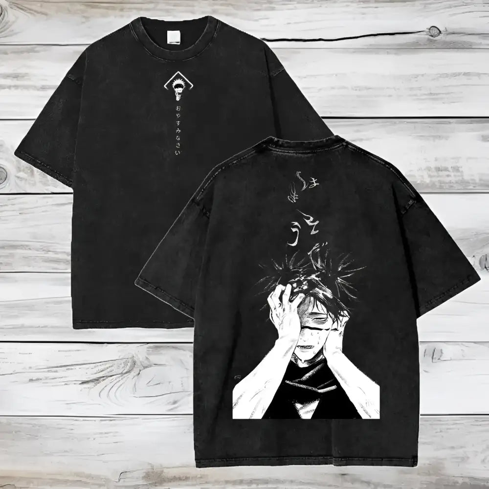 Back of black distressed washed cotton t-shirt with white line-art of gojo satoru from jujutsu kaisen