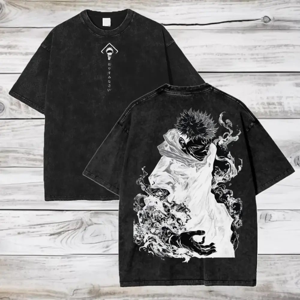 Black oversized washed cotton t-shirt featuring gojo satoru anime graphic and japanese text from jujutsu kaisen