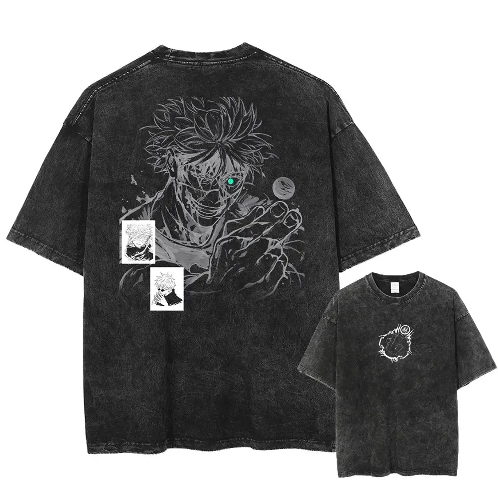 Back of black washed cotton t-shirt featuring a white line-art killua graphic with patches jujutsu kaisen gojo satoru