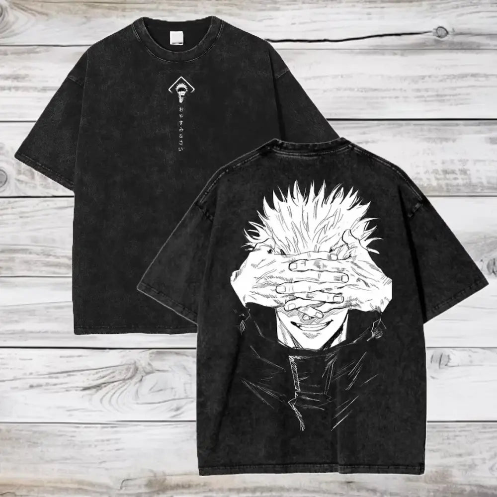 Back of black distressed washed cotton t-shirt with white line-art of gojo satoru from jujutsu kaisen