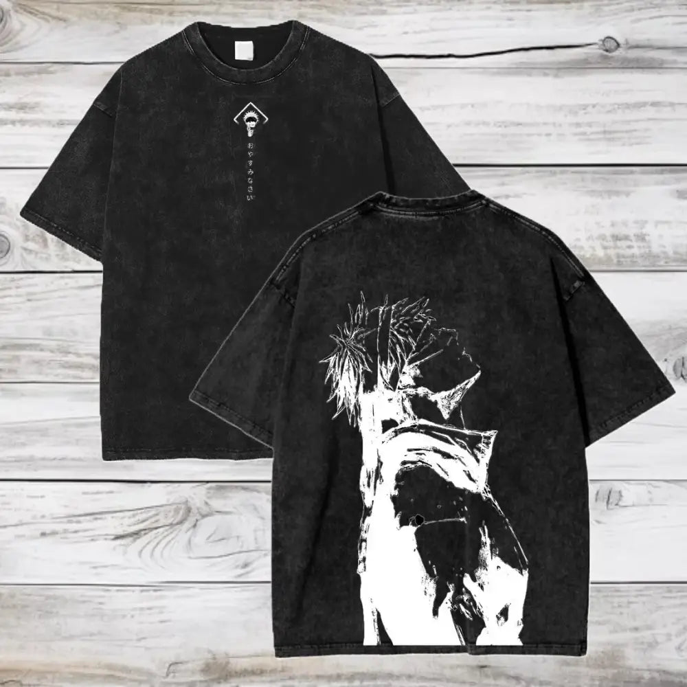 Black distressed washed cotton t-shirt with bold white gojo satoru anime graphic on back from jujutsu kaisen