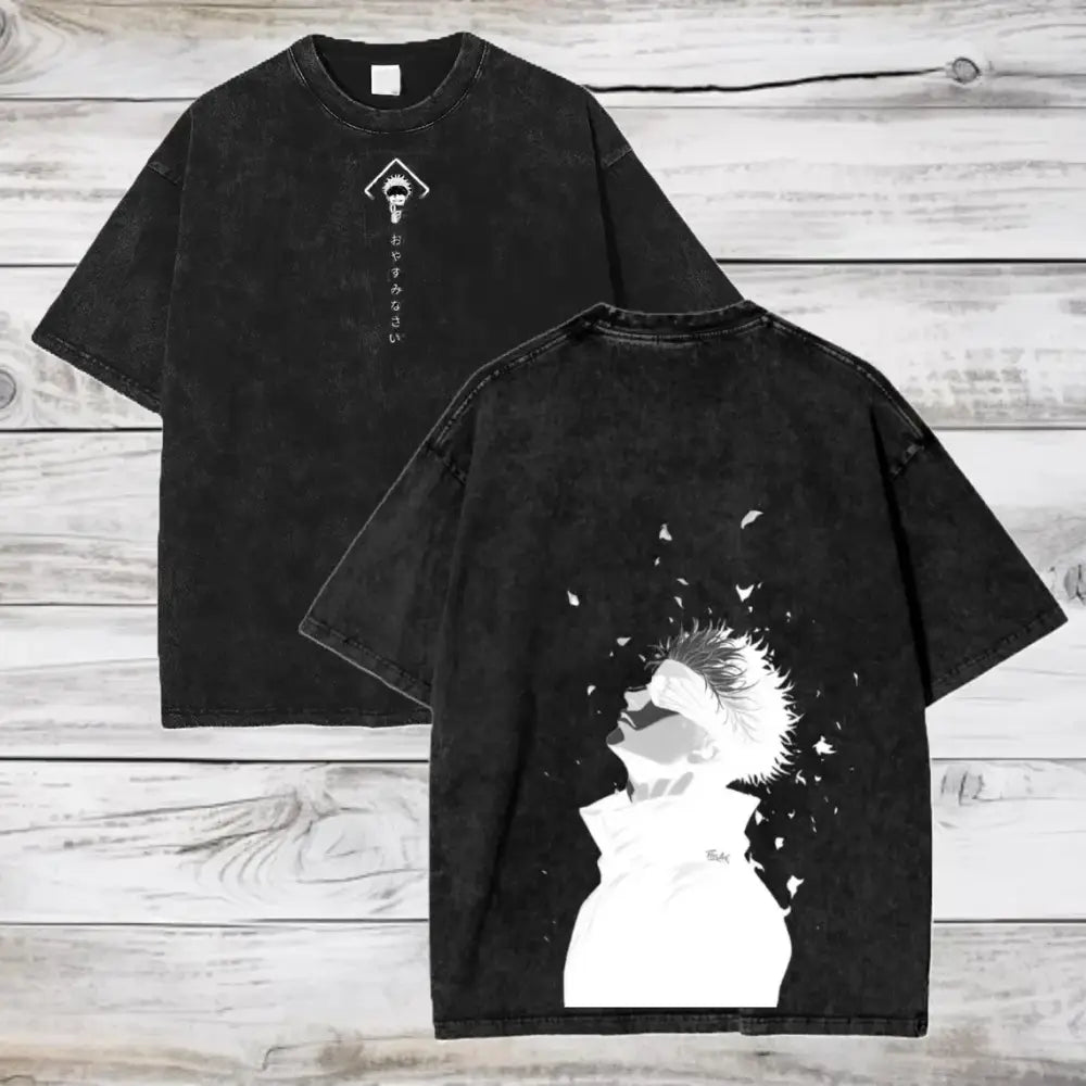 Back of black distressed washed cotton t-shirt with white gojo satoru anime graphic from jujutsu kaisen