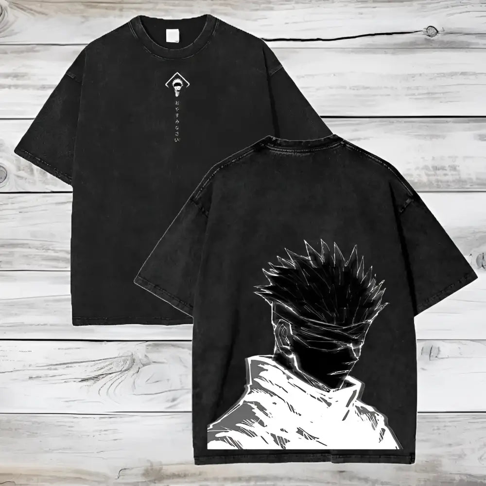 Black washed cotton oversized t-shirt showing gojo satoru line-art on the back from jujutsu kaisen collection