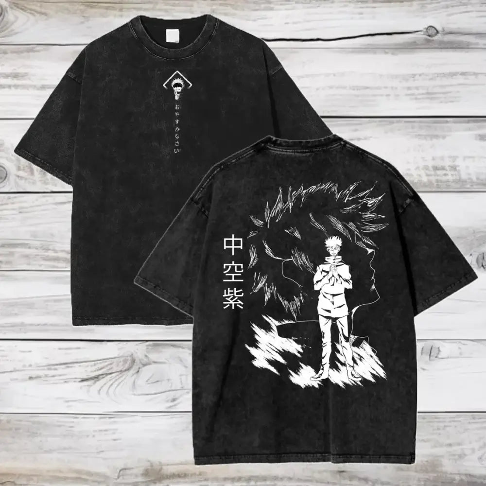 Black distressed washed cotton t-shirt featuring gojo satoru anime graphics and japanese text from jujutsu kaisen