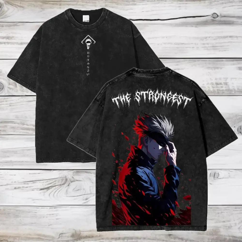 Back of black washed cotton oversized t-shirt featuring gojo satoru graphic and the strongest text from jujutsu kaisen