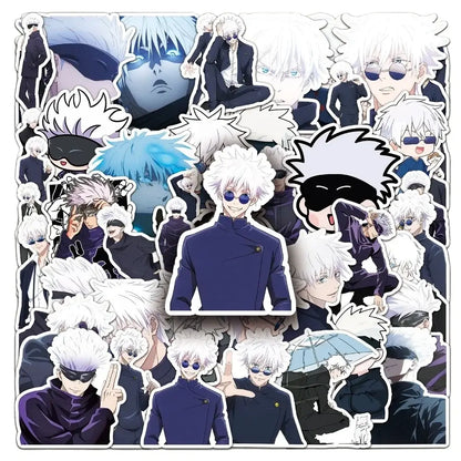 A jujutsu kaisen gojo satoru sticker pack featuring 50 waterproof white-haired anime character stickers in dark outfits