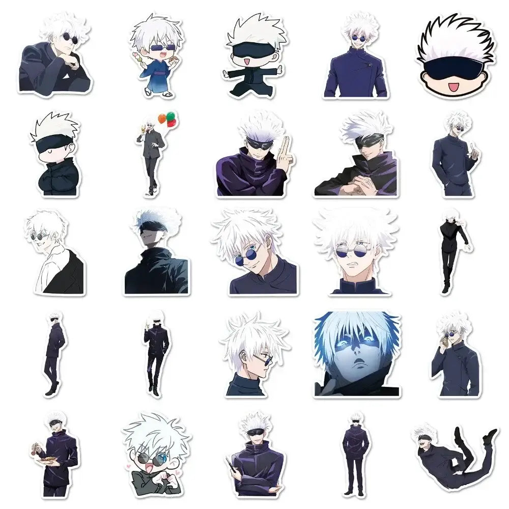 A jujutsu kaisen gojo satoru sticker pack featuring 50 waterproof white-haired character stickers in dark outfits