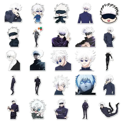 A jujutsu kaisen gojo satoru sticker pack featuring 50 waterproof white-haired character stickers in dark outfits