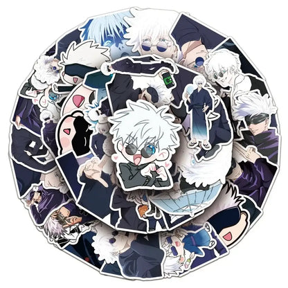 A jujutsu kaisen gojo satoru sticker pack featuring 50 waterproof anime stickers in black white and purple hues