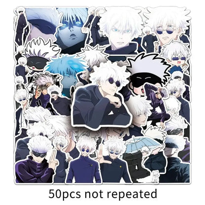 A jujutsu kaisen gojo satoru sticker pack with 50 assorted waterproof stickers featuring white hair and dark clothing