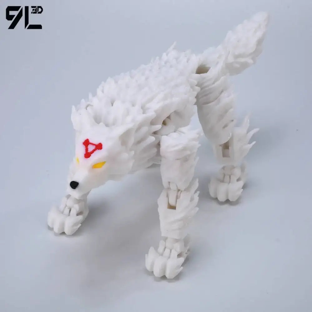 White 3d-printed jujutsu kaisen gojo sukuna wolf figurine with red yellow face markings made of high-strength pp plastic for safe delivery
