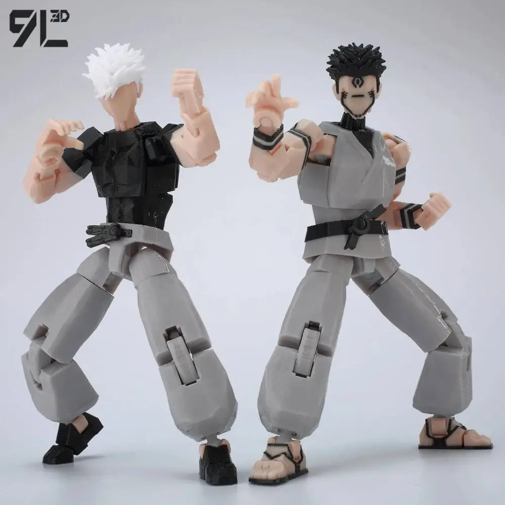 Two jujutsu kaisen gojo sukuna articulated figures in black beige and gray martial arts uniform made of high-strength pp plastic for safe delivery