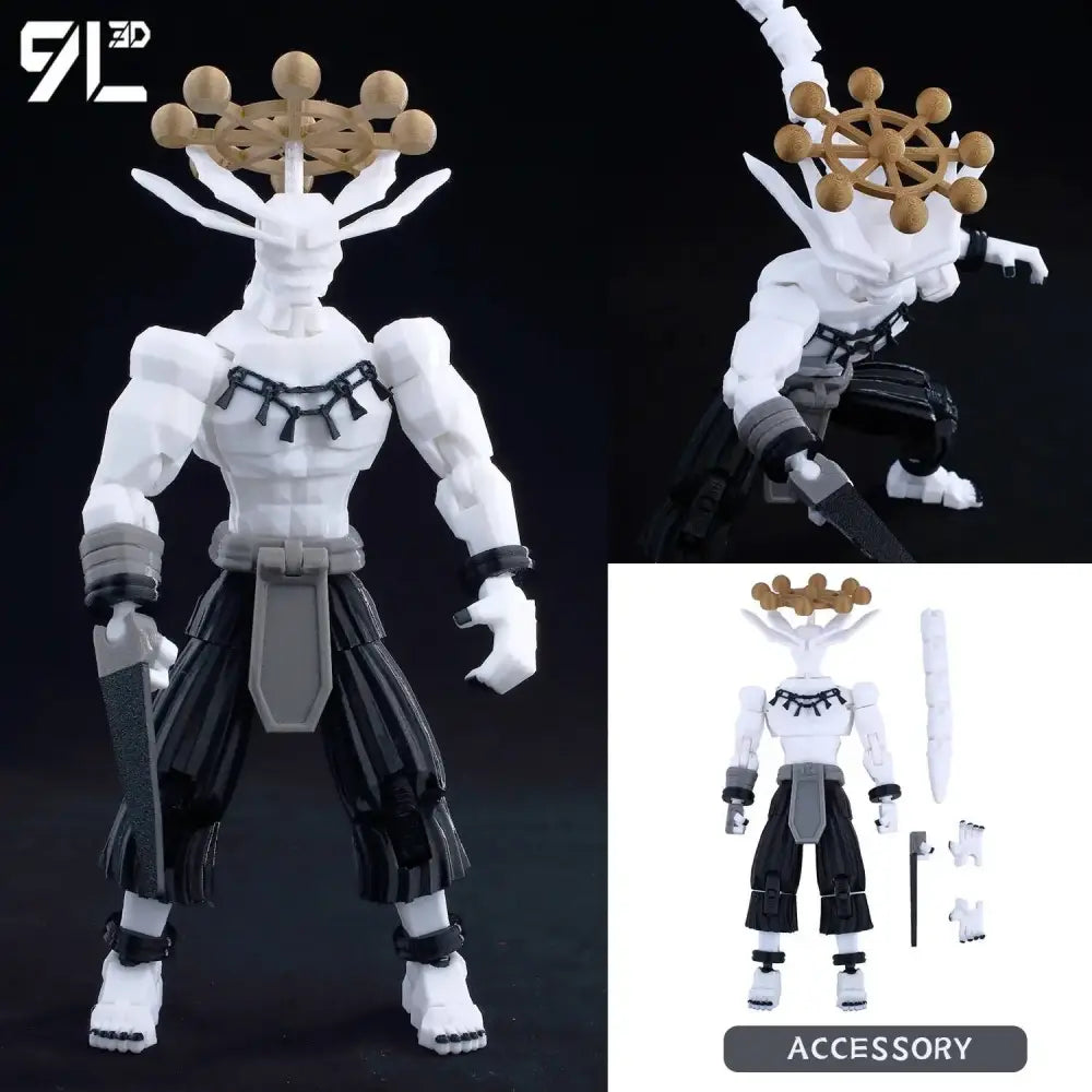 White and black jujutsu kaisen itadori figure with gold wheel headpiece and segmented armor holding a sword, multi-jointed