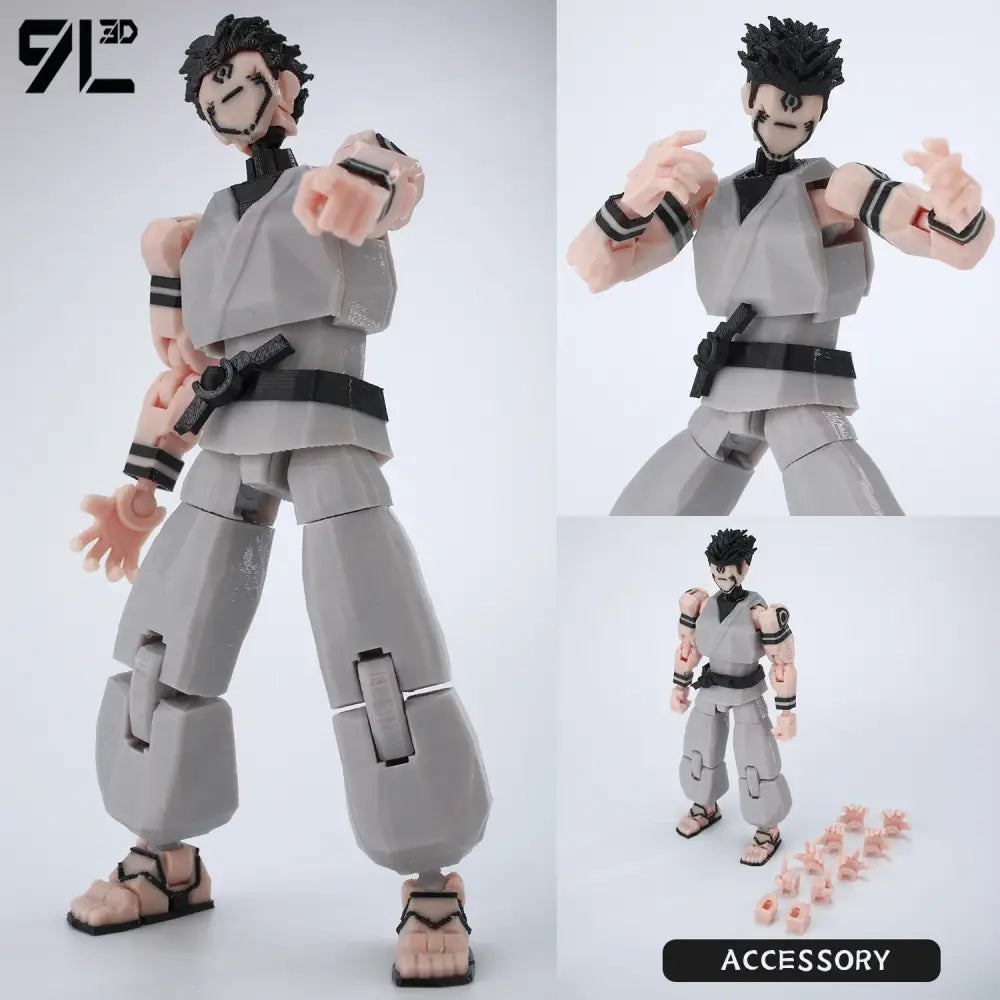 Multi-jointed jujutsu kaisen itadori figure in gray martial arts uniform with black belts and spiky hair