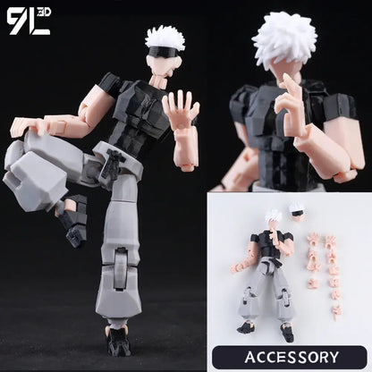 Gray and black articulated jujutsu kaisen itadori figure with spiky white hair wearing tactical vest and pants