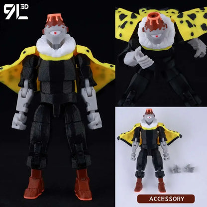 Multi-jointed jujutsu kaisen itadori figure in black and gray armor with yellow cape and orange helmet