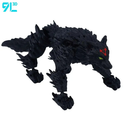 Black 3d-printed wolf figurine with red and green glowing eyes in multi-jointed movable jujutsu kaisen itadori figure